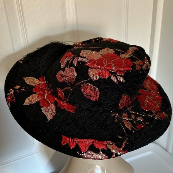 Unique Vintage Hat Black Red floral tassel - Picture 5 of 10